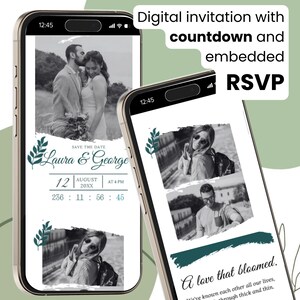 Minimalistische bruiloftswebsitesjabloon – donkergroene accenten, RSVP en kaartlinks - gepersonaliseerde digitale uitnodiging met fotogalerij - website in grijstinten