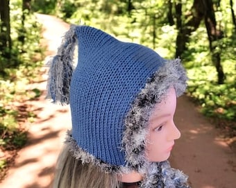 Handmade Knitted Pixie Bonnet: Blue Forest Elf Hat with Faux Fur Trim