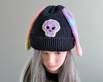 Black Knit Hat with Rainbow Bunny Ears, Crochet Skull