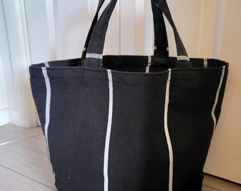 Handmade Black & White Corded Fabric Tote Bag, Goth Shopper