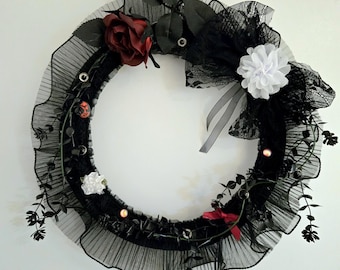 Gothic Christmas Wreath: Black Lace, Burgundy Roses & Skull Decor