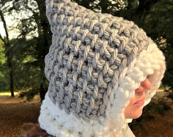 Handmade Crochet Hood: Grey & White Pixie Elf Hat
