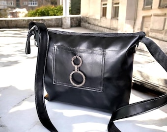 Black Faux Leather Crossbody Bag, Goth Funky Chain Detail