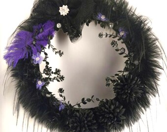 Gothic Christmas Black & Purple Wreath Flowers Feathers Happy Holidays Decor Front Door Xmas WT3