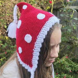 Knitted Woodland Forest Pixie Hat Child Bonnet Toadstool Whimsy Red White Spots Mushroom Elf Fairy Girl 8 - 12 Year Old Winter Gift HT27