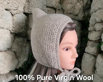 Handmade Oatmeal Virgin Wool Knit Pixie Bonnet: Adult Woodland Tie Hat