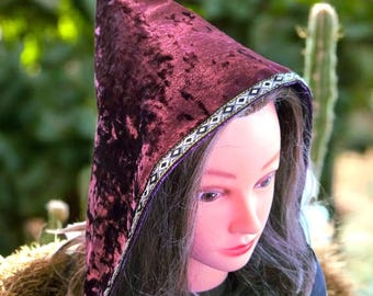 Purple Velvet Woodland Pixie Hat Bonnet Hood Lined Whimsical Fairy Adult Winter Christmas HT63