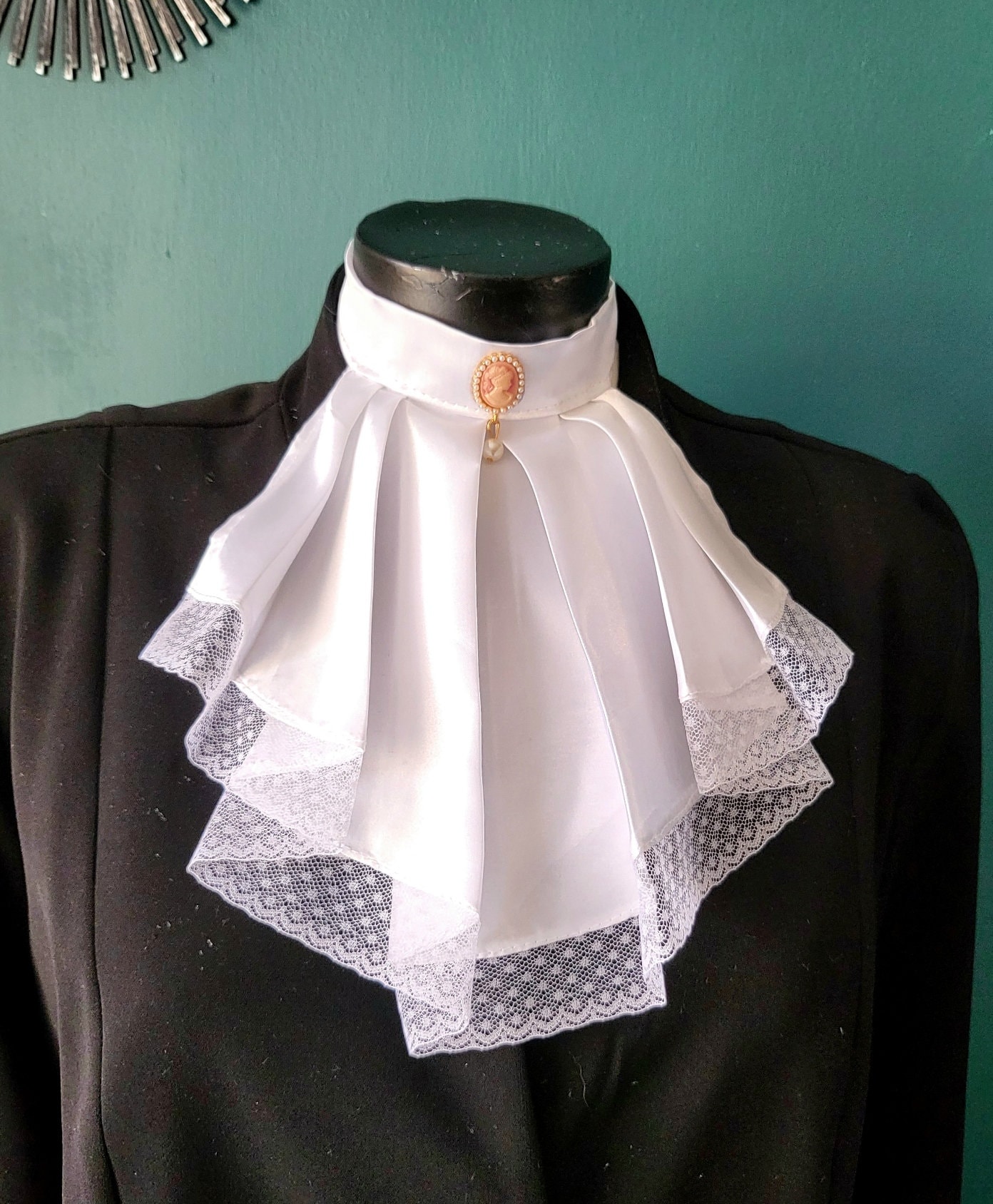 Jabot Colonial Neck Scarf White Satin Lace Jabot Cravat Cameo