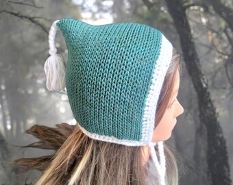 Knitted Woodland Pixie Hat - Green & White Child Bonnet (4-8 Year Old)