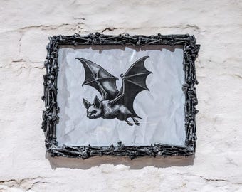 8 x 10&quot; wall hanging landscape photo picture frame handmade bones black and silver gothic home decor horror macabre couples gift unique