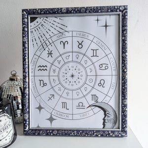 Könnte beinhalten: Ein gerahmter Druck mit einem Tierkreisrad mit astrologischen Symbolen und Text. Der Schwarz-Weiß-Druck hat einen marineblauen Rahmen, der mit Himmelsmustern verziert ist. Das Design umfasst Sonne, Mond und Sterne.