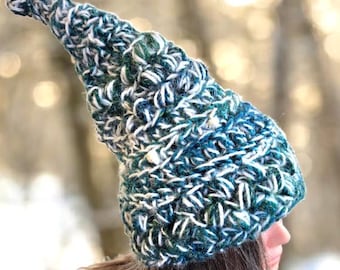 Handgemachte Häkelmütze Pixie, Blau Grün Waldelfe