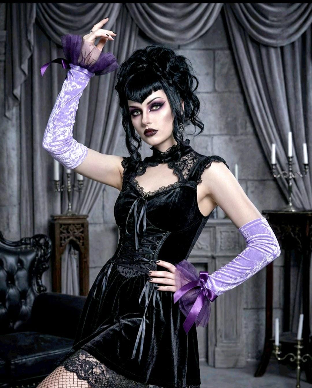 Lilac Purple Velvet Long Arm Warmers Black Net Lace, Gothic Victorian Sleeves Opera Gloves