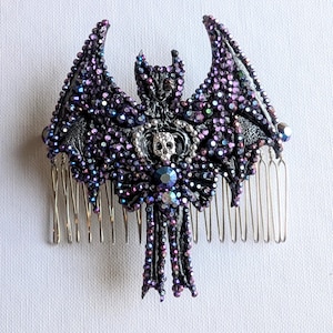 Hand made decorative hair comb big bat skull purple, silver iredescent gems, black. Unique OOAK Gothic bride accessory prom bridal, wedding