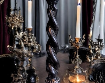 Barley Twist Tall Wooden Candle Holder. Hand painted black and silver, hand embellished with black and diamantes gems. Gothic Gift Decor