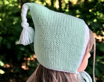 Handmade Knitted Pixie Bonnet: Mint Green, Adult Teen