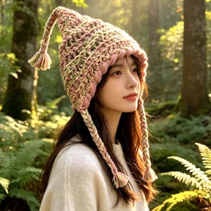 May include: A pointed crochet hat featuring a variegated yarn pattern in shades of pink, green, and cream. The hat includes a long, braided top tail with a tassel and two side braids with tassels, finished with a pink crocheted edge trim.