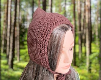 Brown Knitted Pixie Bonnet: Handmade Forest Elf Hat