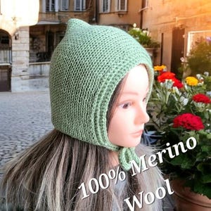 Green Knitted Bonnet 100% Pure Merino Wool Handmade Pixie Bow Tie Hat Adult Winter Woodland Whimsy Elf Fairy Winter Gift PW6