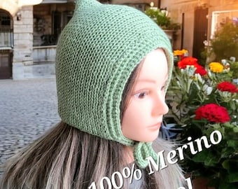 Handmade Green Merino Wool Pixie Bonnet - Adult Knitted Tie Hat
