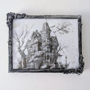 7 x 9&quot; landscape wall hanging freestanding gothic photo frame. Distressed style black brushed with silver roses, spiders and flowers gift