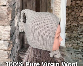 Handmade Virgin Wool Knitted Pixie Bonnet, Adult Tassel Hat