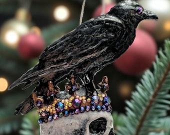 Crowned Skull Christmas Ornament, Raven and Iridescent Gems