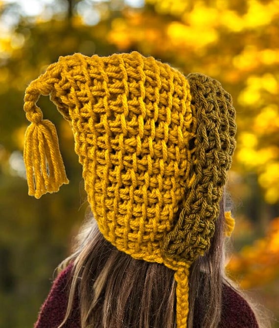 Handmade Crochet Bonnet Woodland Hat Pixie Mustard Yellow Green Adult Emo Goth Whimsy Elf Fairy Forage Winter Gift HT38