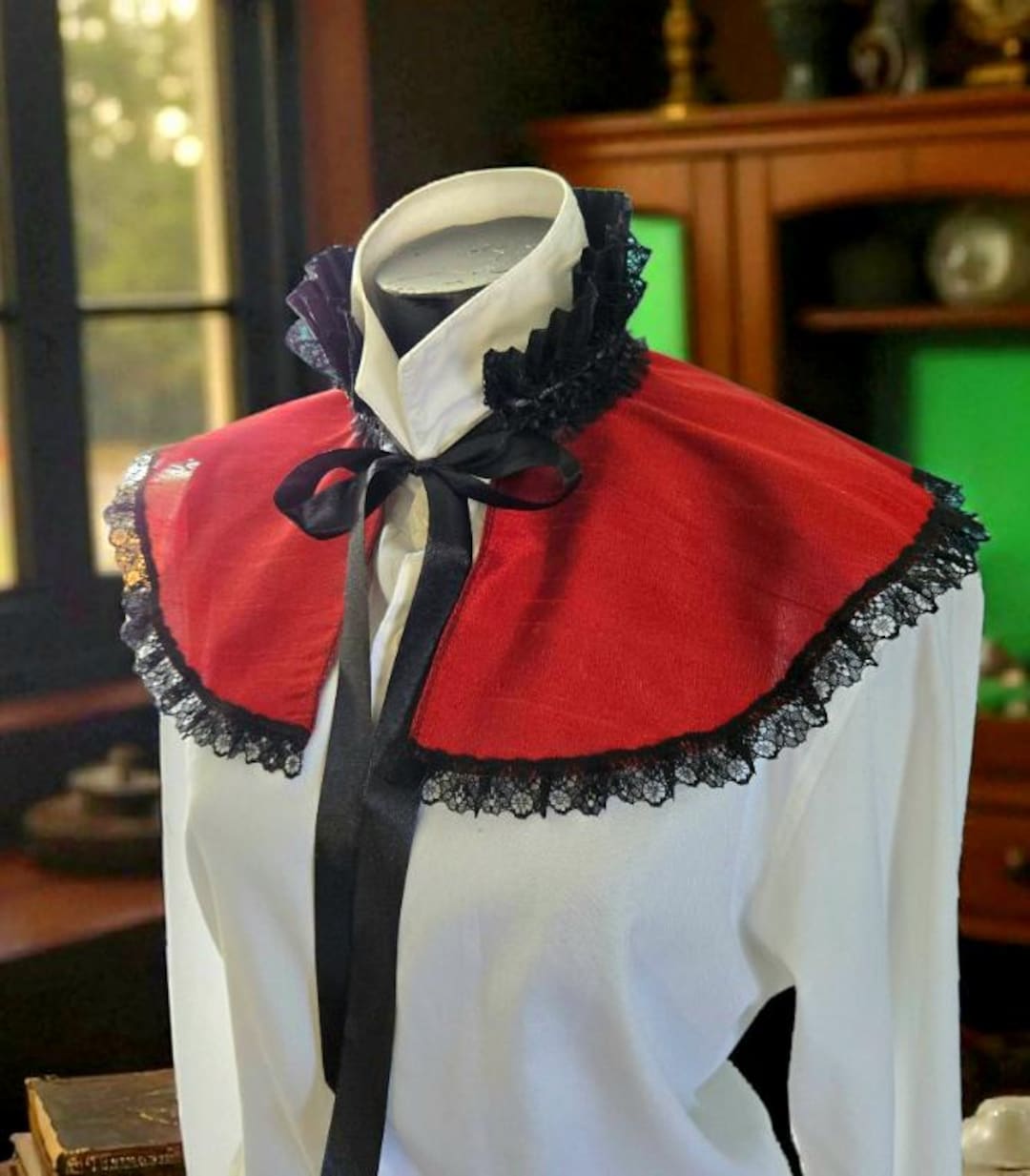 Burgundy Taffeta Capelet: Black Lace Trim, Victorian  display picture 3