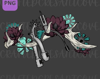 Turquoise Spur Antler Western Cowboy PNG Digital Design