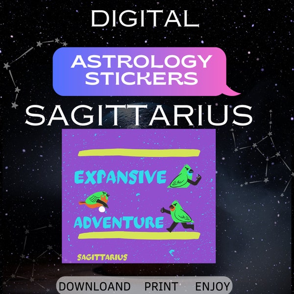 Digital Sagittarius Stickers with Angry Birds, Purple Stickers Print for candels, Laptop, Cup, T-shirt, Astrology Reading