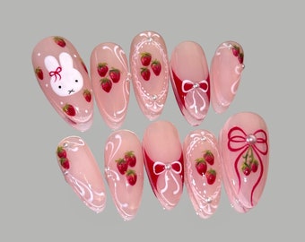 Strawberry Miffy Press On Nails, Custom Handmade Nails