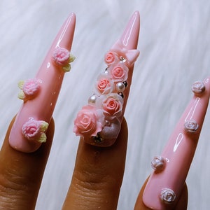 Pink 3d rose charm valentines XXL press on nails with custom sizing made to order