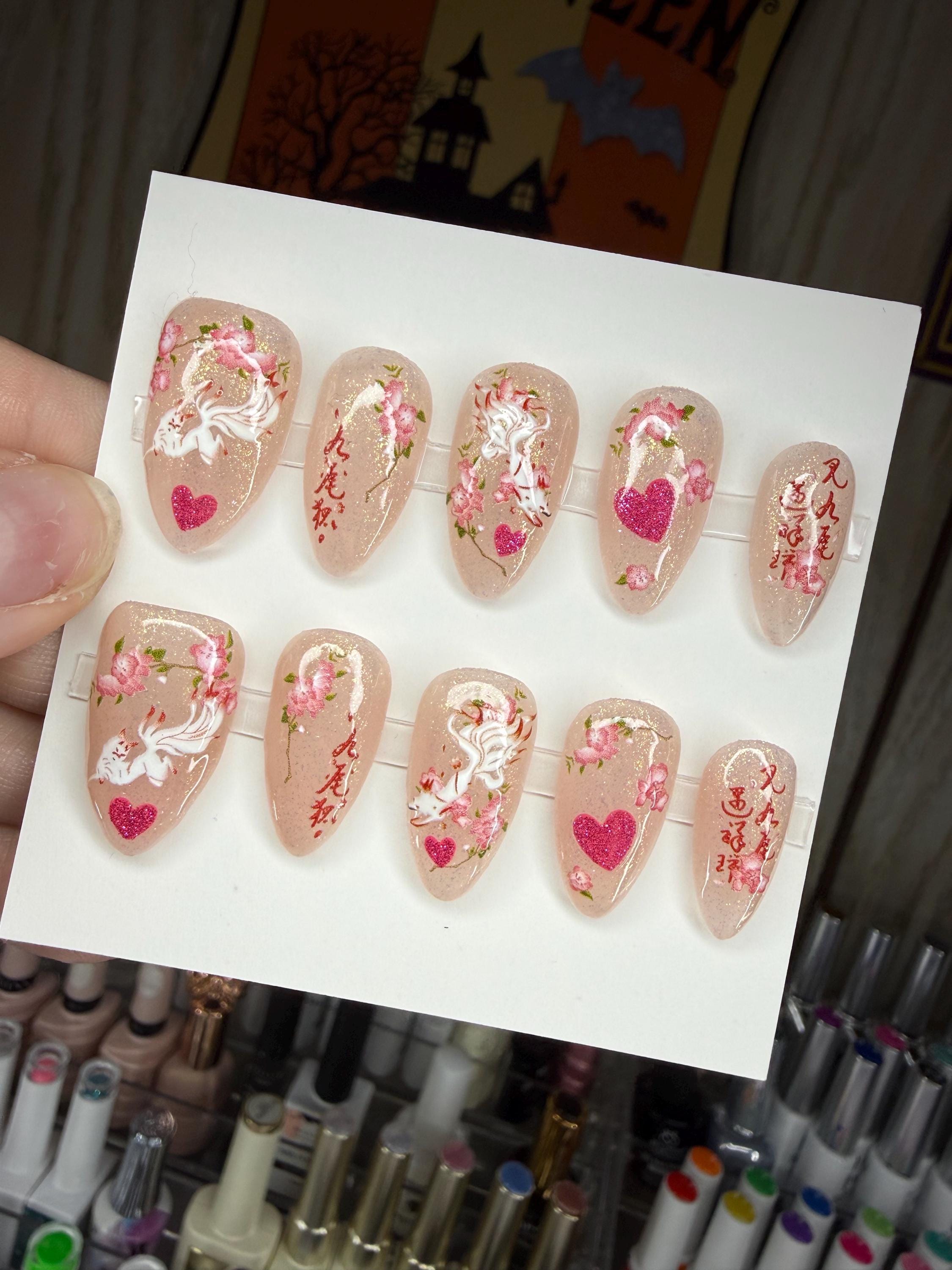 Kitsune Sakura Blossom Press on Nails: Japanese Yokai Nine Tailed
