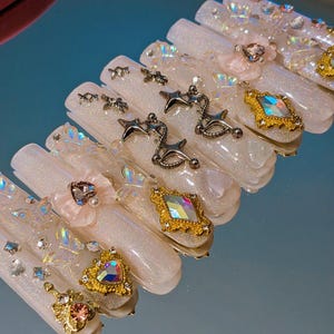 Holographic glitter fairytale charm XXL press on nails with custom sizing made to order