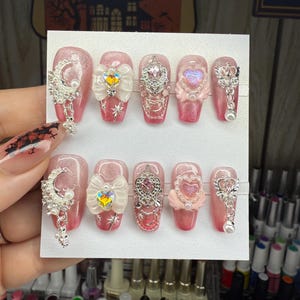 Kawaii Magical Girl Mahou Shoujo Japanese Inspired Cute Coquette Sweet Lolita Press On Nails with Sparkling Charms and Delicate Designs