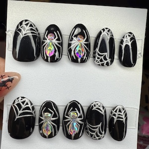 Gothic Spider Press On Nails: Black Silver Rhinestone Halloween Emo