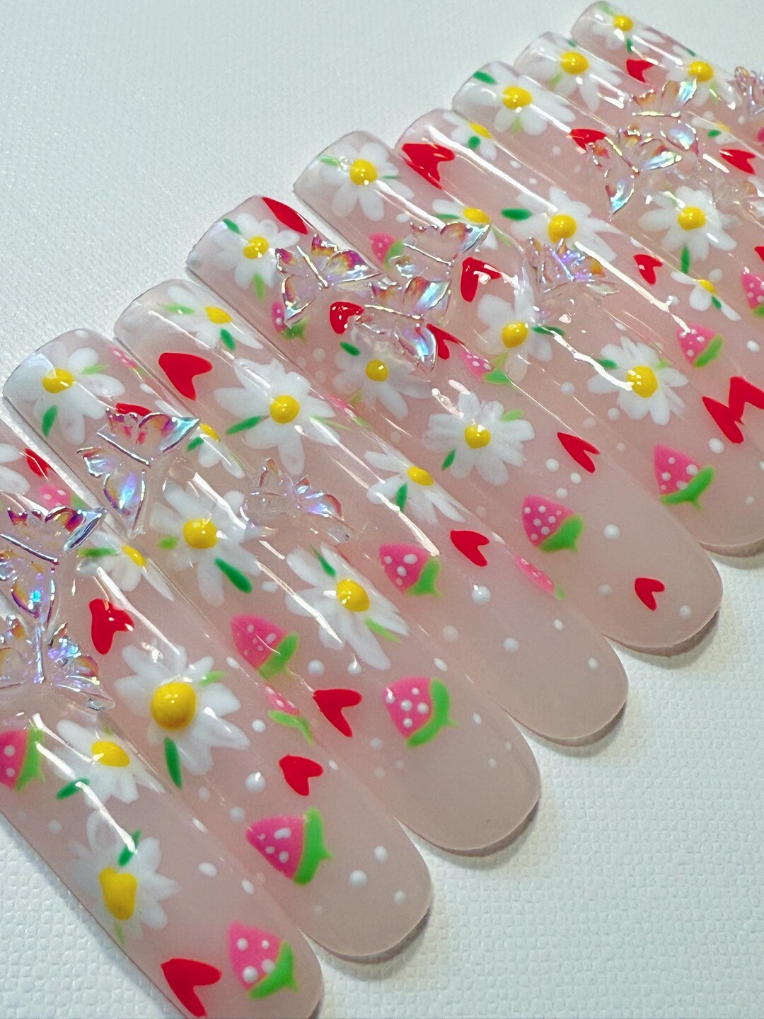 Spring Flowers, Strawberries, Hearts and Butterflies Press on Nails ...