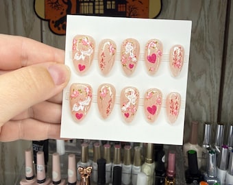 Kitsune Press On Nails | Sakura Blossom Japanese Yokai Nail Art | Valentine Spring Handmade Gel Nails