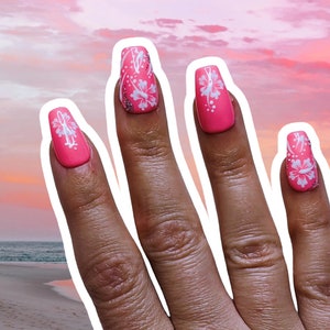 Hawaiian hibiscus summer French tip press on nails made to order