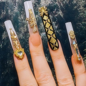Gold, black and white rhinestone and charms French tip XXL press on nails with custom sizing made to order