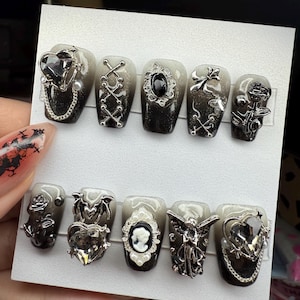 Black and white Halloween gothic victorian, gothic lolita, spooky season, ombre big charms press on nails with custom sizing made to order