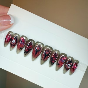 Red and black Halloween gothic butterfly, skull, cross and roses press on nails with custom sizing made to order