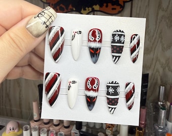 Gothmas Christmas Press On Nails | Krampus Peppermint Mistletoe Fair Isle Nail Art | Handmade Gothic Gel Nails