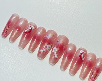 Kitsune Sakura Ombré Press On Nails: Japanese Yokai Nine Tailed Fox