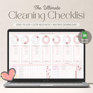 Puede incluir: Una pantalla de computadora portátil que muestra una plantilla de programación de limpieza rosa y blanca con corazones. La plantilla se titula "Programación de limpieza" y está diseñada para usar con Google Sheets.