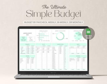 May include: A laptop screen displaying a Google Sheets spreadsheet with a green and white colour scheme. The spreadsheet is titled "The Ultimate Simple Budget" and is a budget tracker for January 2024. The spreadsheet includes sections for income, bills, expenses, debts, and savings.