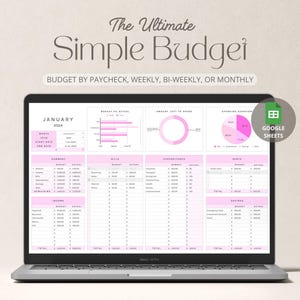 Könnte beinhalten: Ein Laptop-Bildschirm zeigt eine rosa-weiße Budget-Tabellenvorlage für Januar 2024. Die Tabelle enthält Abschnitte für Einkommen, Ausgaben, Ersparnisse und eine Zusammenfassung. Die Vorlage ist für die Verwendung mit Google Sheets konzipiert.