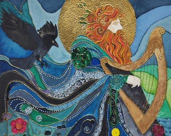 May include: Watercolour painting of a mythical figure with long red hair and beard, playing a harp. The figure is surrounded by swirling blue and green patterns, and a black raven flies in the background.