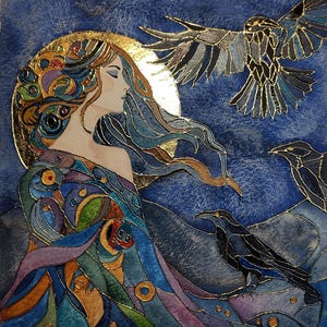 May include: Watercolor painting of a woman with flowing blue hair and a golden halo, adorned in a colorful gown. Two ravens are perched and flying against a deep blue background. The artwork features gold accents.